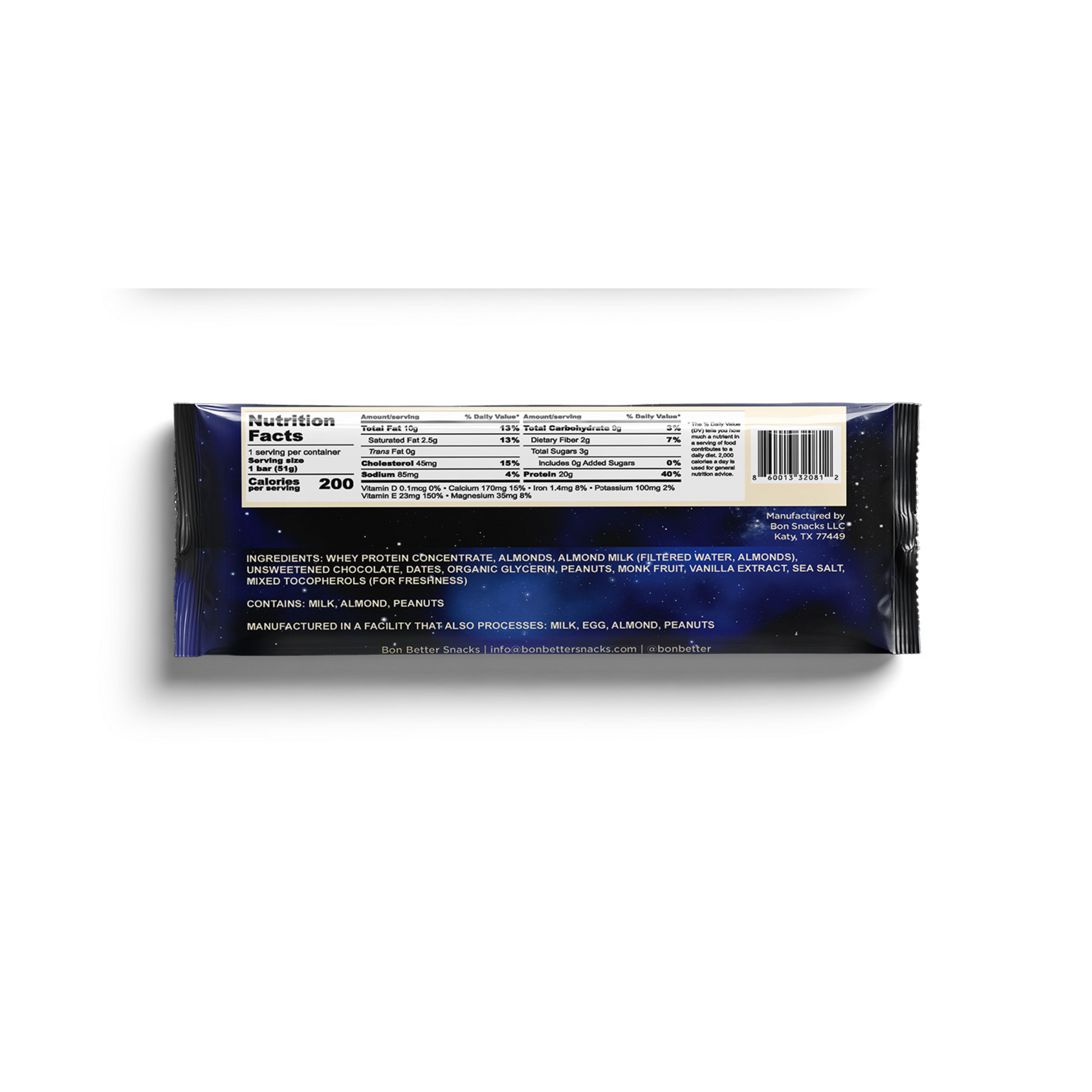 Nutrition facts label on a blue package with white background