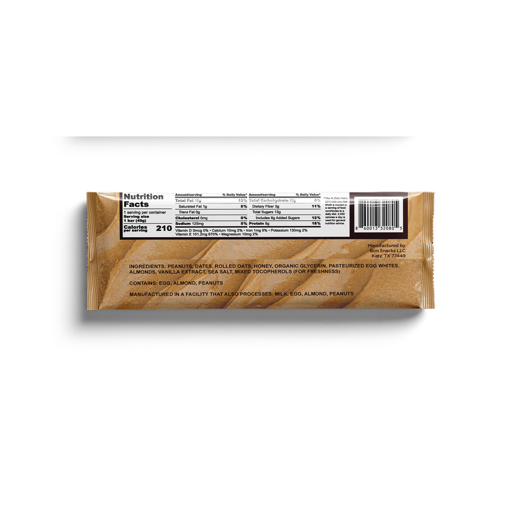 Peanut Oasis energy bar by Bon Better Snacks — peanut butter, sweet dates, rolled oats, and vanilla for natural energy, 9g protein from egg whites, sweetened only with dates and honey