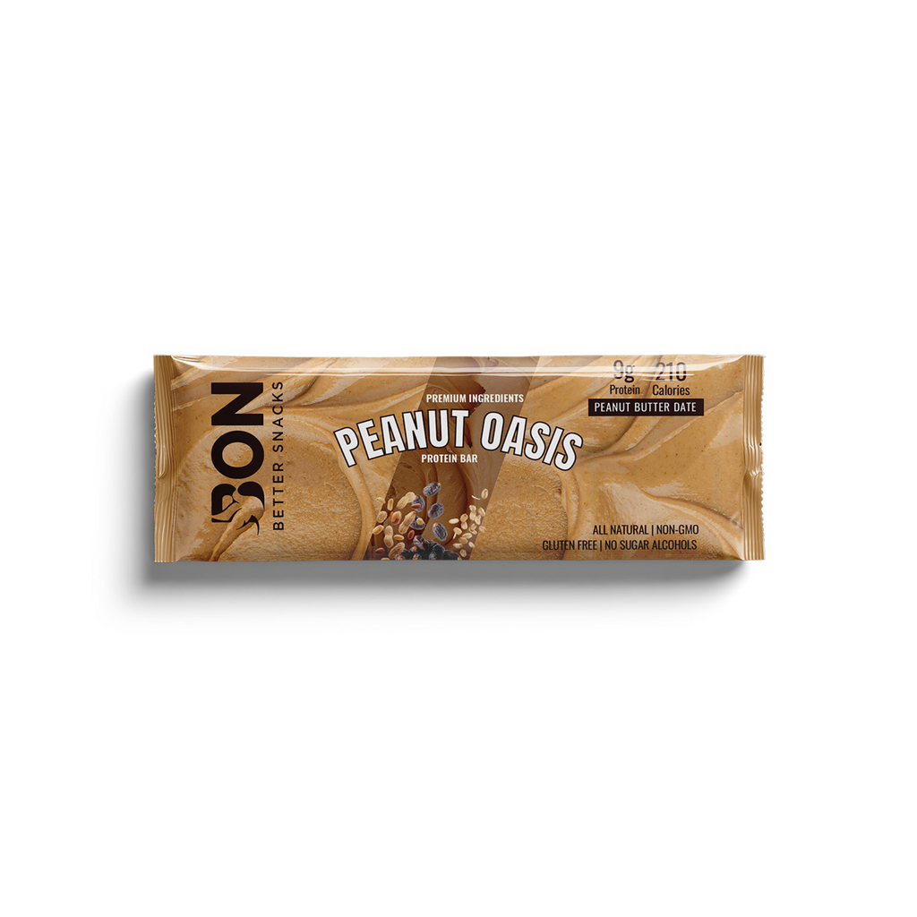Protein bar packaging with 'BON' branding on a white background